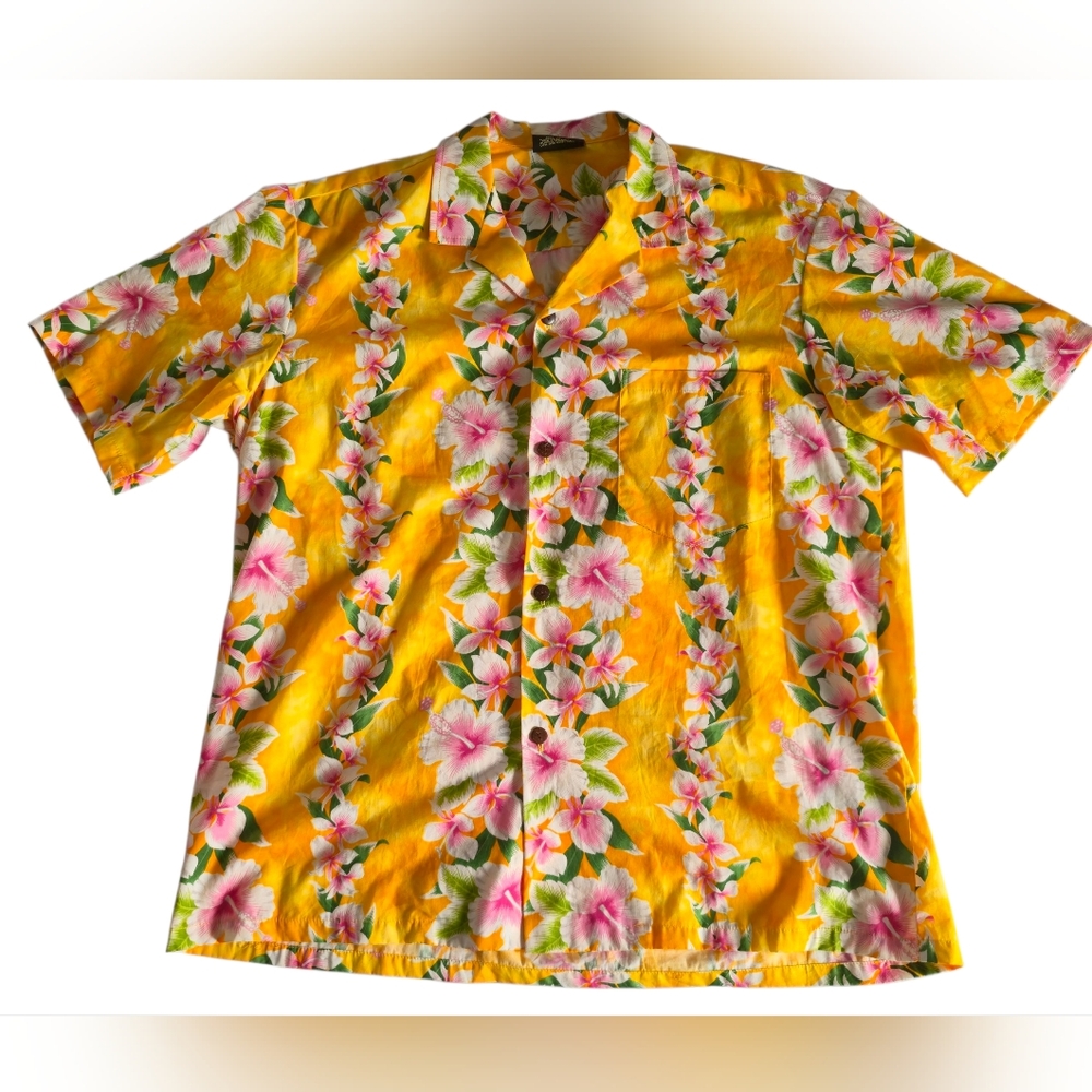Royal Creations Men's XL Hawaiian Shirt Yellow Colorful Floral Luau Aloha